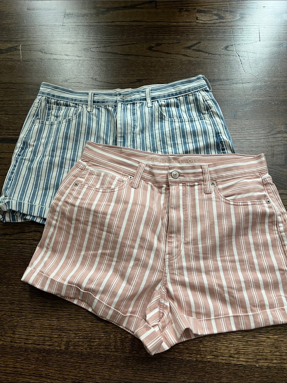 American Eagle Outfitters Pink and Blue Striped High-Rise Jean Shorts, size 12